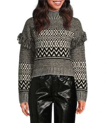 Every Wool Blend Fringe Aztec Turtleneck Long Sleeve Coordinating Sweater