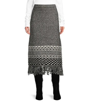 Every Wool Blend Geometric Print High Rise Fringe Hem Midi Sheath Coordinating Skirt