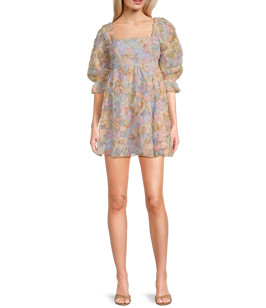 Evolutionary 3/4#double; Sleeve 3D Floral Baby Doll Dress