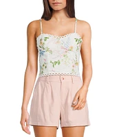 Evolutionary Eyelet Floral Print Sweetheart Neck Spaghetti Strap Tank Top