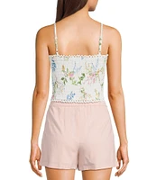 Evolutionary Eyelet Floral Print Sweetheart Neck Spaghetti Strap Tank Top