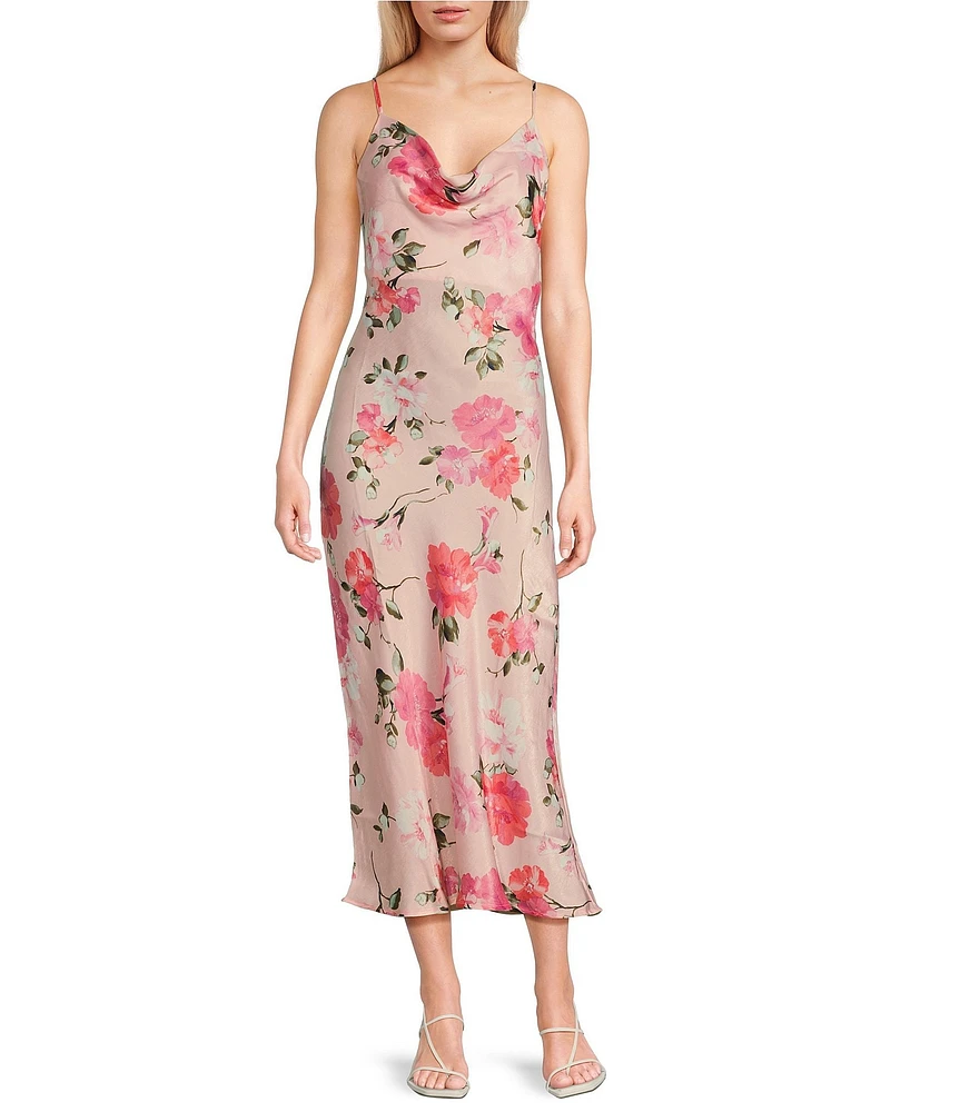 Evolutionary Rose Print Cowl Neck Sleeveless Slip Dress