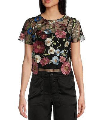 Evolutionary Short Sleeve Floral Embellished Pullover Top