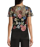 Evolutionary Short Sleeve Floral Embellished Pullover Top