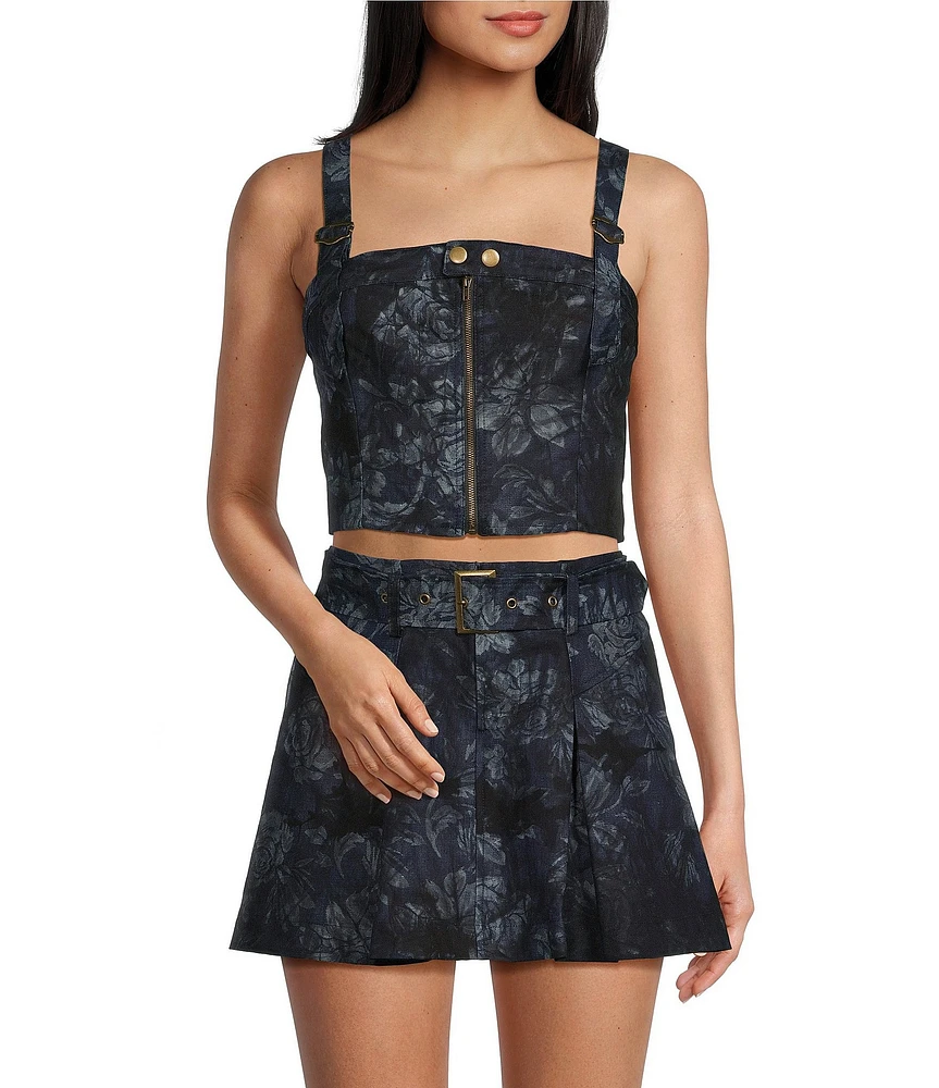 Evolutionary Sleeveless Spaghetti Strap Corset Floral Print Denim Coordinating Top