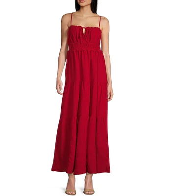 Evolutionary Spaghetti Strap Checker Front Tie Ruffle Maxi Dress