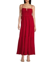 Evolutionary Spaghetti Strap Checker Front Tie Ruffle Maxi Dress