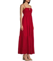 Evolutionary Spaghetti Strap Checker Front Tie Ruffle Maxi Dress