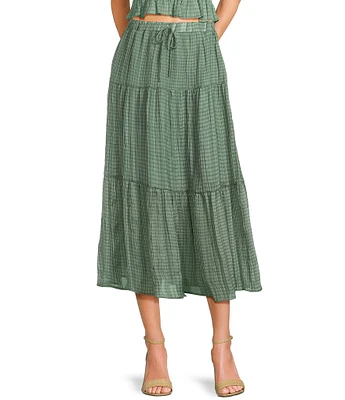 Evolutionary Textured Plaid Ruffled Coordinating Midi Skirt