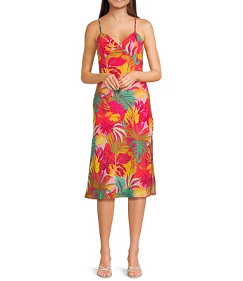 Evolutionary Tropical Printed V-Neck Side Slit Slip Dress