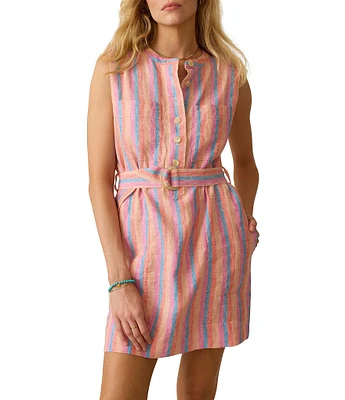 Faherty Avalon Linen Woven Striped Mandarin Collar Sleeveless Belted A-Line Dress