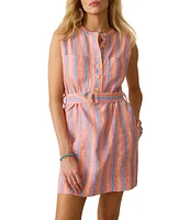 Faherty Avalon Linen Woven Striped Mandarin Collar Sleeveless Belted A-Line Dress