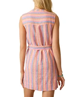 Faherty Avalon Linen Woven Striped Mandarin Collar Sleeveless Belted A-Line Dress