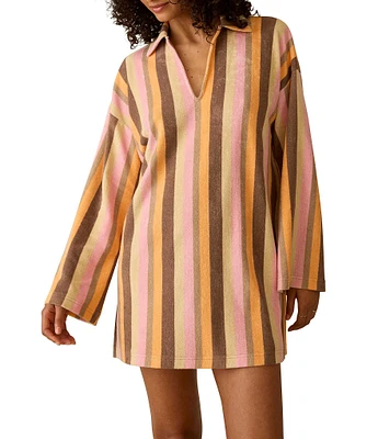 Faherty Cabana Organic Cotton Terry Striped Collared Long Sleeve Mini Shirt Dress