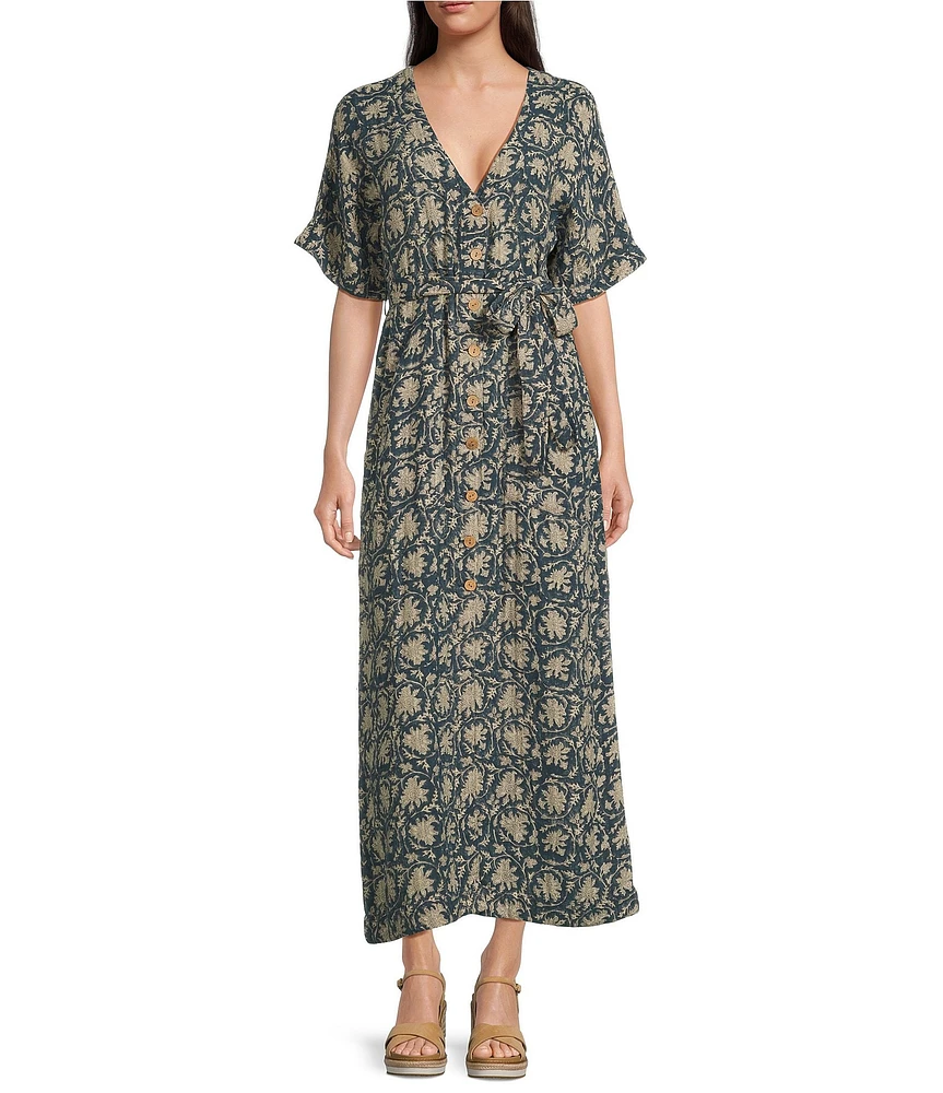 Faherty Dune Camille Cotton Gauze Printed V-Neckline Short Sleeve Midi Dress