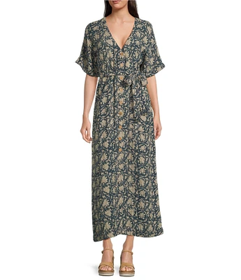 Faherty Dune Camille Cotton Gauze Printed V-Neckline Short Sleeve Midi Dress