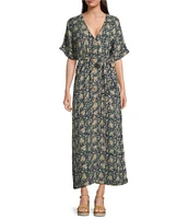 Faherty Dune Camille Cotton Gauze Printed V-Neckline Short Sleeve Midi Dress