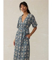 Faherty Dune Camille Cotton Gauze Printed V-Neckline Short Sleeve Midi Dress
