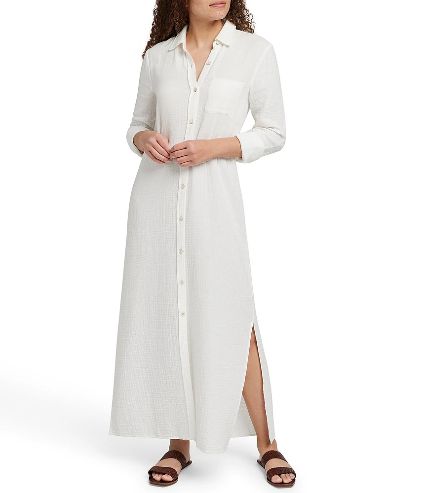 Faherty Dune Gauze Point Collar Long Sleeve Maxi Shirt Dress