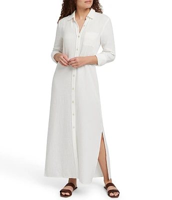 Faherty Dune Gauze Point Collar Long Sleeve Maxi Shirt Dress