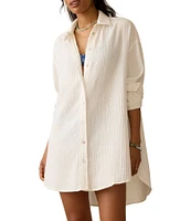Faherty Haze Organic Cotton Gauze Collared Long Sleeve Button-Front Shirt Dress