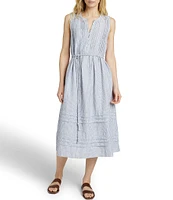 Faherty Isha Striped Crew Neck Sleeveless Tie Waist Midi Dress