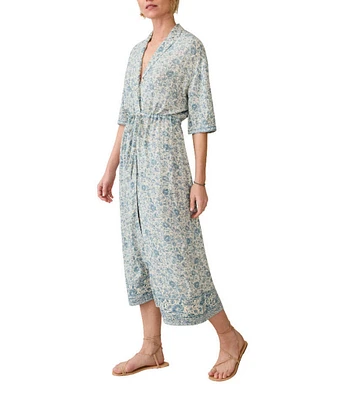 Faherty Island Woven Floral Print V-Neck Camp Collar Short Sleeve A-Line Midi Dress