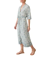 Faherty Island Woven Floral Print V-Neck Camp Collar Short Sleeve A-Line Midi Dress
