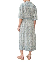 Faherty Island Woven Floral Print V-Neck Camp Collar Short Sleeve A-Line Midi Dress