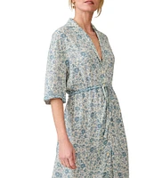 Faherty Island Woven Floral Print V-Neck Camp Collar Short Sleeve A-Line Midi Dress