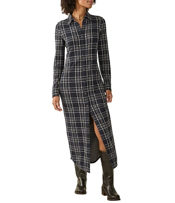 Faherty Legend Sweater Knit Plaid Print Point Collar Long Sleeve Button Front Shirttail Maxi Dress