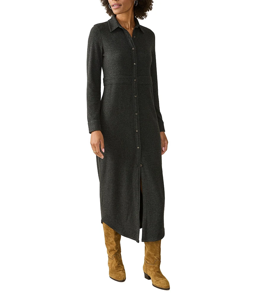 Faherty Legend Sweater Knit Point Collar Long Sleeve Button Front Shirttail Maxi Dress