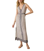 Faherty Macey Knit Linen Printed V-Neck Sleeveless A-Line Maxi Dress