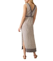 Faherty Macey Knit Linen Printed V-Neck Sleeveless A-Line Maxi Dress