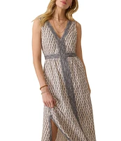 Faherty Macey Knit Linen Printed V-Neck Sleeveless A-Line Maxi Dress