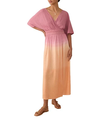 Faherty Mila Woven Organic Cotton Ombre Print V-Neck Short Sleeve Empire Waist Maxi Dress