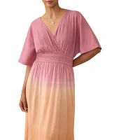 Faherty Mila Woven Organic Cotton Ombre Print V-Neck Short Sleeve Empire Waist Maxi Dress