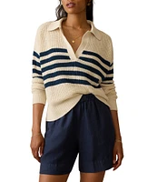 Faherty Miramar Knit Striped V-Neck Long Sleeve Rugby Polo