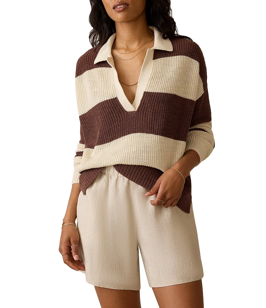 Faherty Miramar Knit Striped V-Neck Long Sleeve Rugby Polo