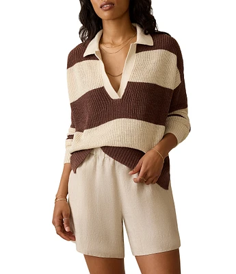 Faherty Miramar Knit Striped V-Neck Long Sleeve Rugby Polo