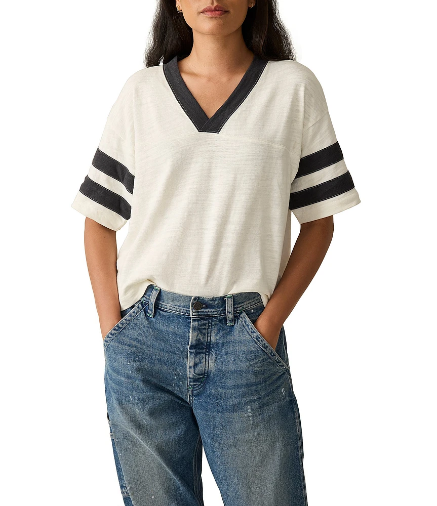 Faherty Organic Cotton Slub Varsity Knit Stripped V-Neck Short Sleeve Tee