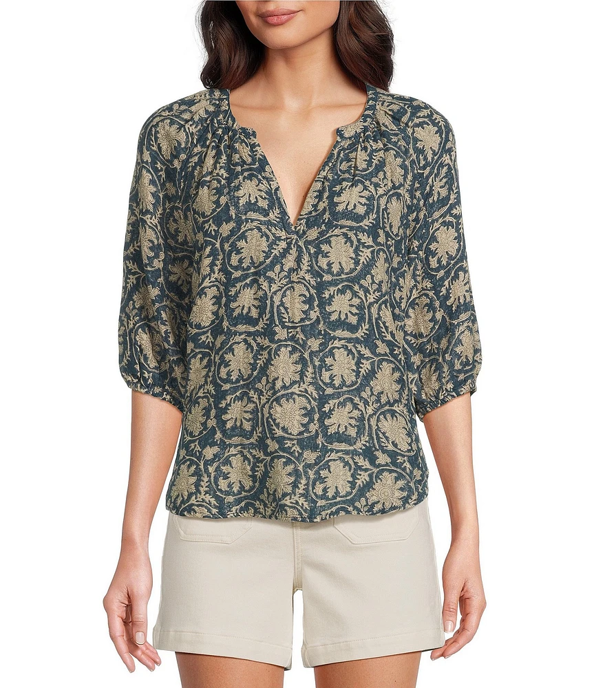 Faherty Seacliff Print Organic Cotton Shirring Split V-Neckline 3/4 Sleeve Top