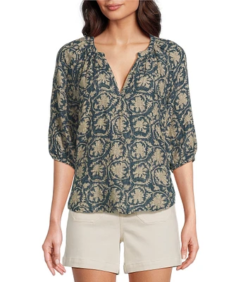 Faherty Seacliff Print Organic Cotton Shirring Split V-Neckline 3/4 Sleeve Top