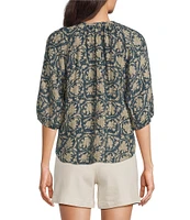 Faherty Seacliff Print Organic Cotton Shirring Split V-Neckline 3/4 Sleeve Top