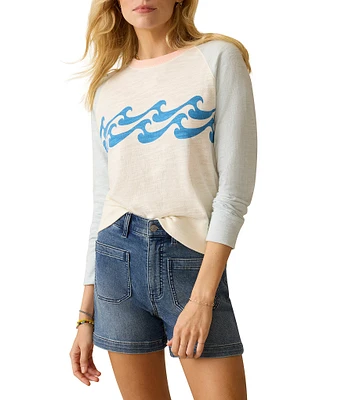Faherty Slub Knit Organic Cotton Wave Print Crew Neck Long Sleeve Top