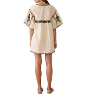 Faherty Sunday Organic Cotton Linen Blend Knit V-Neck Short Sleeve Embroidered Caftan Dress