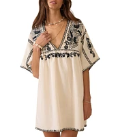 Faherty Sunday Organic Cotton Linen Blend Knit V-Neck Short Sleeve Embroidered Caftan Dress