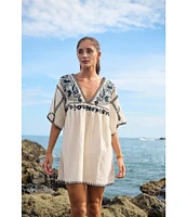 Faherty Sunday Organic Cotton Linen Blend Knit V-Neck Short Sleeve Embroidered Caftan Dress