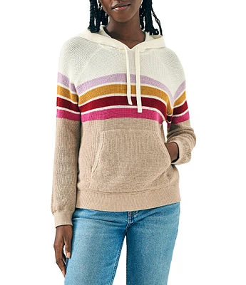 Faherty Throwback Waffle Sweater Stripe Print Long Sleeve Front Pocket Drawstring Hoodie