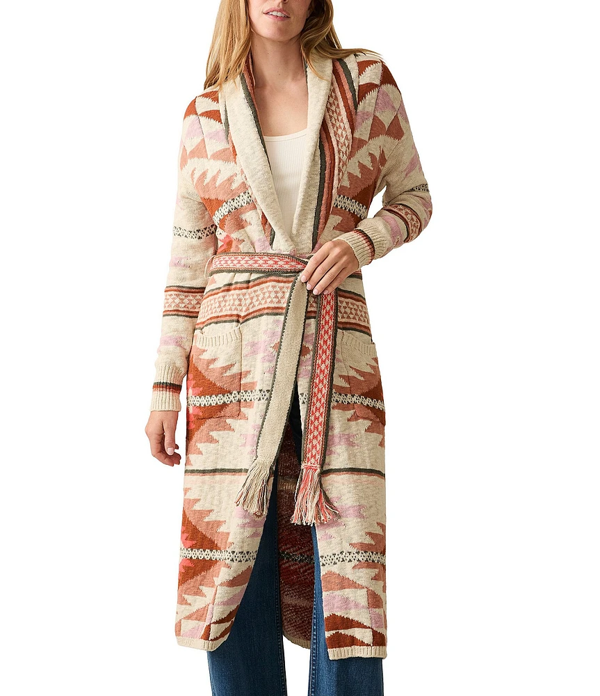 Faherty X B.YELLOWTAIL Paloma Jacquard Native Print Shawl Collar Open Front Tie Waist Long Duster Cardigan